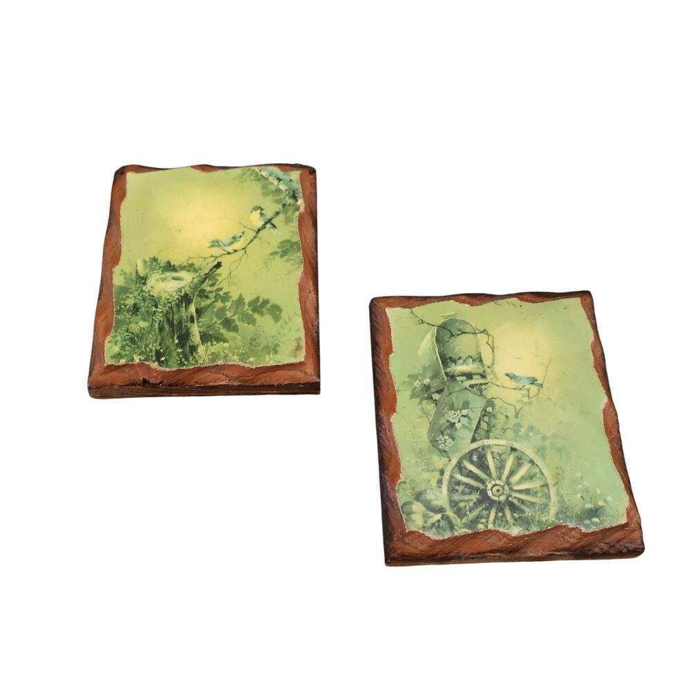 Vintage Handmade Green Blue Bird Rustic Mini Wood Pictures Gallery Wall Decor